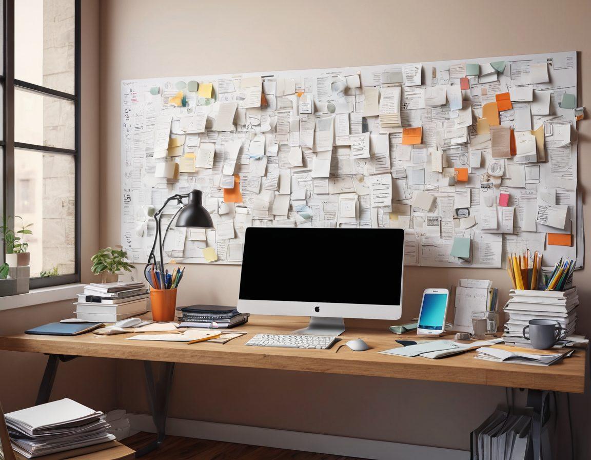 A serene workspace featuring an organized digital bookmark interface on a computer screen against the backdrop of a chaotic desk filled with papers and digital devices. Showcase a faded chaotic scene blending into a focused, clean digital setup. Include soft, calming colors to represent clarity amidst chaos. super-realistic. vibrant colors. 3D.