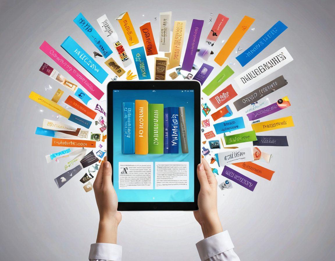 A person joyfully organizing digital bookmarks on a sleek tablet, surrounded by vibrant icons representing various genres (books, articles, videos), with an imaginative background of colorful bookmarks floating in the air. Soft light symbolizes inspiration and creativity. super-realistic. vibrant colors. white background.