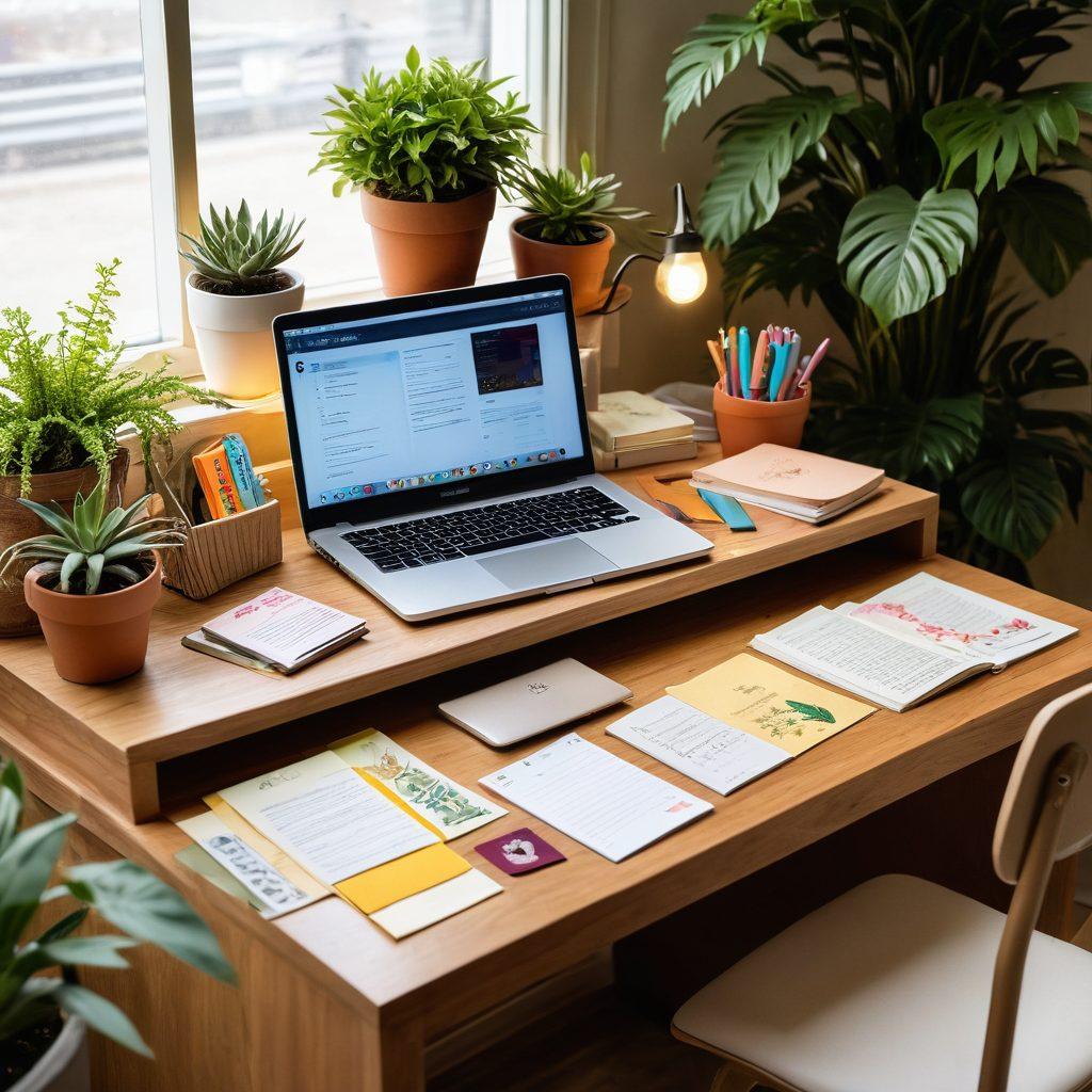 A serene desk scene showcasing a variety of beautifully crafted bookmarks featuring intricate designs and personal touches, surrounded by a cozy reading nook with soft lighting and plants. A laptop with a bookmark management app open and colorful sticky notes scattered around, symbolizing organization and creativity. Elegant textures and a warm color palette enhance the inviting atmosphere. super-realistic. vibrant colors. cozy ambiance.